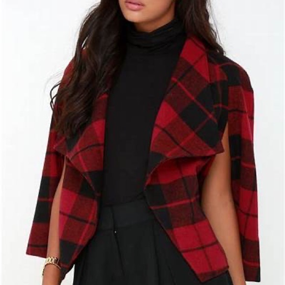 JACK BB Dakota Plaid Tartan Wool blend Cape Rare S 6 Holiday Red Black - Picture 2 of 11